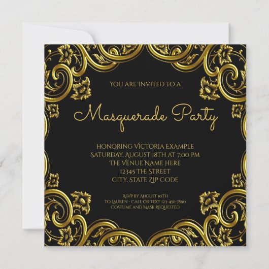 Invitation Masque Mascarade en plumes noires et d'or (Dos)
