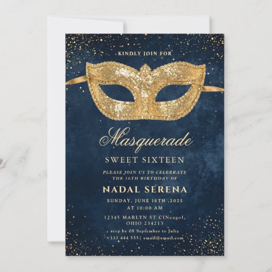 Invitation masque mascarade or Sweet 16 (Devant)
