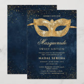 Invitation masque mascarade or Sweet 16 (Devant / Derrière)
