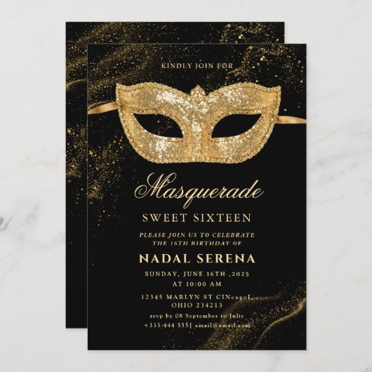 Invitation masque mascarade or Sweet 16 (Devant / Derrière)