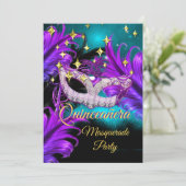 Invitation Masque Mascarade Quinceanera Turquoise Violet noir (Debout devant)