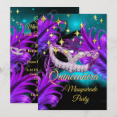 Invitation Masque Mascarade Quinceanera Turquoise Violet noir (Devant / Derrière)