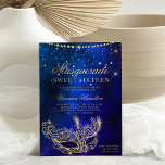 Invitation Masque masqué bleu or parties scintillant Sweet 16<br><div class="desc">Un sweet sixteen moderne,  chic et glamour avec un masque de parties scintillant en or dessiné à la main avec un diamant en parties scintillant or scintille sur un arrière - plan bleu marine foncé aquarelle.</div>