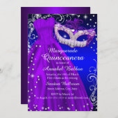 Invitation Masque Masque bleu violet & Robe Masquerade Quince (Devant / Derrière)
