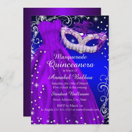 Invitation Masque Masque bleu violet & Robe Masquerade Quince (Devant / Derrière)