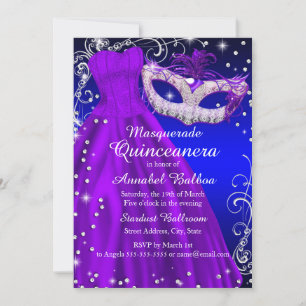 Invitation Masque Masque bleu violet & Robe Masquerade Quince