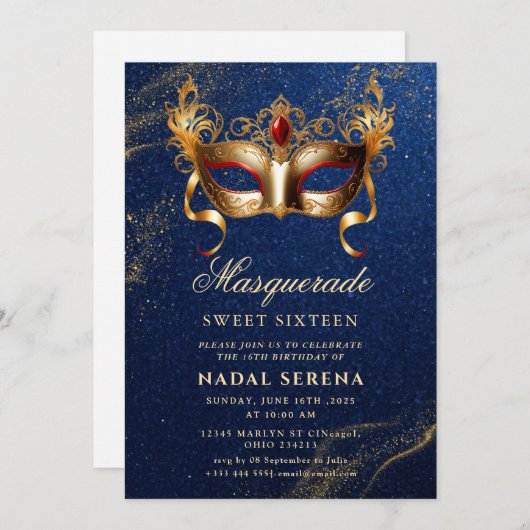 Invitation masque masqué or (Devant / Derrière)