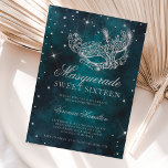 Invitation Masque masqué parties scintillant argent turquoise<br><div class="desc">Un sweet sixteen moderne,  chic et glamour avec un masque de mascarade en parties scintillant argentée dessiné à la main avec un diamant en parties scintillant argentée scintille sur un arrière - plan vert d'eau turquoise foncé.</div>