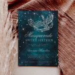 Invitation Masque masqué parties scintillant argent turquoise<br><div class="desc">Un sweet sixteen moderne,  chic et glamour avec un masque de mascarade en parties scintillant argentée dessiné à la main avec un diamant en parties scintillant argentée scintille sur un arrière - plan vert d'eau turquoise foncé.</div>