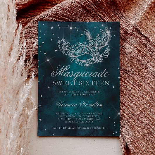 Invitation Masque masqué parties scintillant argent turquoise