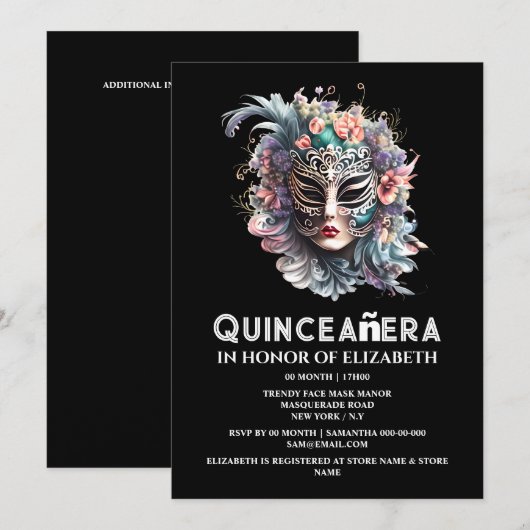 Invitation Masque masqué turquoise pourpre quinceanera annive (Devant / Derrière)