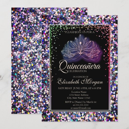 Invitation Masque Moderne Élégant, Quinceanera Diamants Paill (Devant / Derrière)