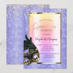 Invitation Masque noir Mascarade Lavande Quinceañera