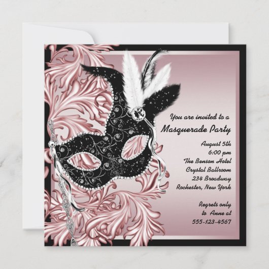 Invitation Masque noir rose Bal masqué rose noir (Devant)