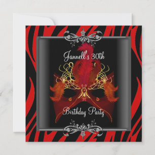 Invitation Masque noir zèbre rouge pour fête d'anniversaire 3