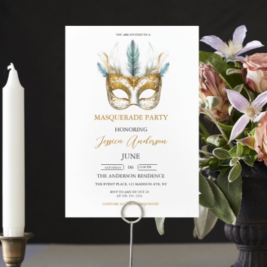Invitation Masque or et blanc Masquerade fête Anniversaire