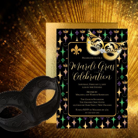 Invitation Masque Or Fleur de Lis Mardi Gras