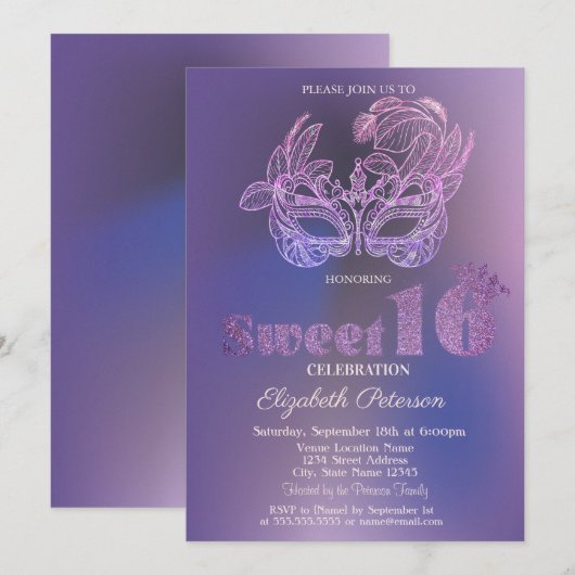 Invitation Masque Pailleté Violet Douce 16 (Devant / Derrière)