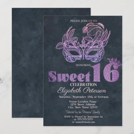 Invitation Masque Pailleté Violet Sweet 16 (Devant / Derrière)