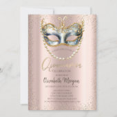 Invitation Masque, Perles Confetti Rose or Quinceañera (Devant)