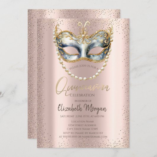 Invitation Masque, Perles Confetti Rose or Quinceañera (Devant / Derrière)