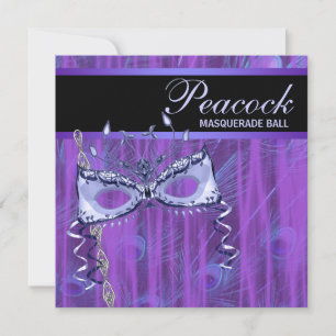 Invitation Masque Plumes de Paon Violet Fête de Mascarade