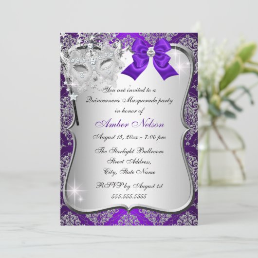 Invitation Masque pourpre Damask Masque Quinceanera Masquerad (Debout devant)