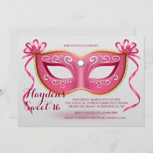 Invitation Masque Rose (Devant / Derrière)