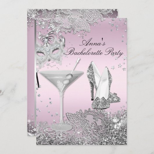 Invitation Masque rose argent et dentelle bijoux Bachelorette (Devant / Derrière)