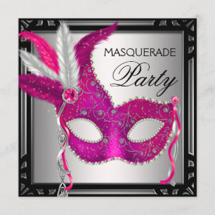 Invitation Masque Rose Chaud Noir Fête de Mascarade Rose Chau