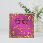 Invitation Masque Rose Chaud Or Bal de Mascarade Fête (Debout devant)