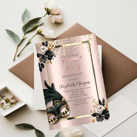 Invitation Masque Rose noir Confetti Rose Gold 75e
