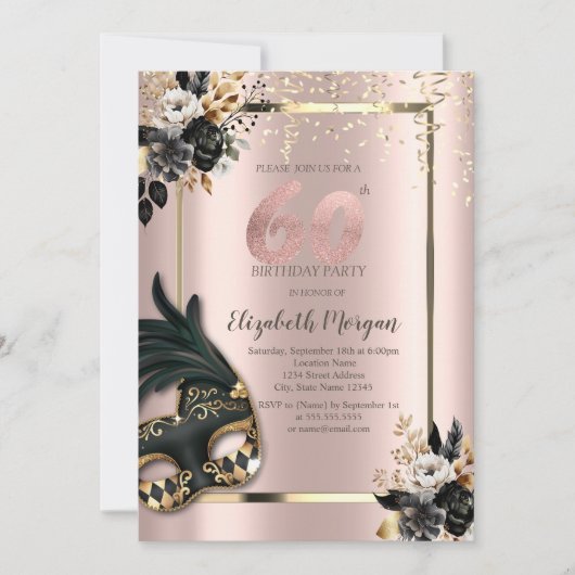 Invitation Masque Rose noir Confetti Rose Or 60e (Devant)