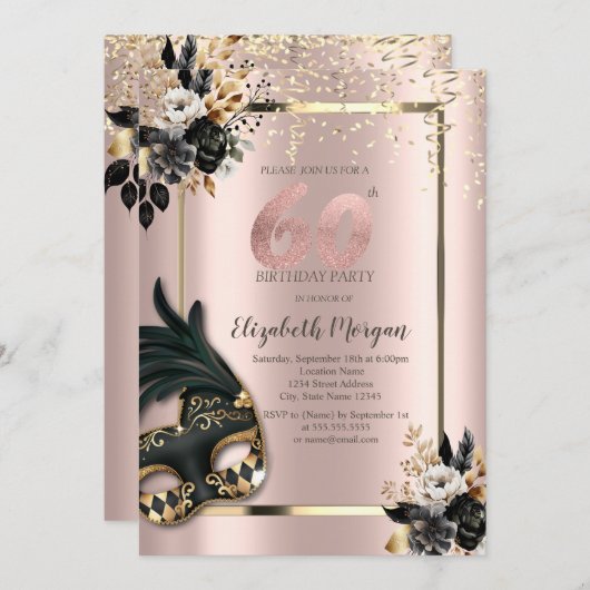 Invitation Masque Rose noir Confetti Rose Or 60e (Devant / Derrière)