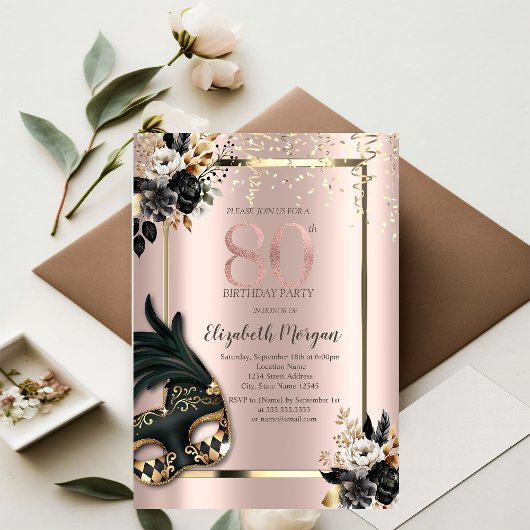 Invitation Masque Rose noir Confetti Rose Or 80e