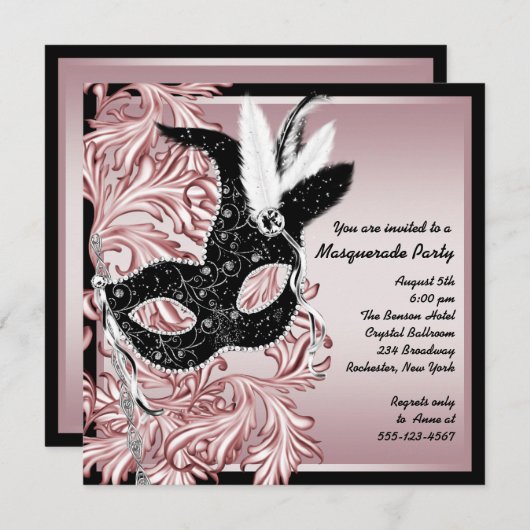 Invitation Masque rose noir rose Noir rose Fête Mascarade (Devant / Derrière)