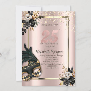 Invitation Masque Roses Noires Confettis Rose Gold 25ème