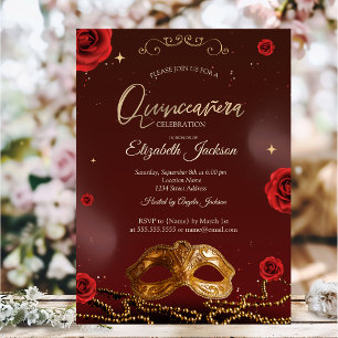 Invitation Masque Roses Perles Bourgogne Quinceanera 