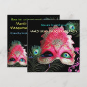 INVITATION MASQUE ROUGE AUX PLUMES DE PAON POUR FÊTE COSTUMÉE (Devant / Derrière)