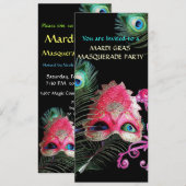 INVITATION MASQUE ROUGE AVEC FÊTARDS À PLUMES DE PAON FÊTE CO (Devant / Derrière)