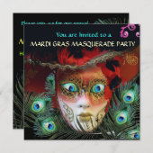 INVITATION MASQUE ROUGE AVEC FÊTE DE PAON MASQUERADE (Devant / Derrière)