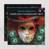 INVITATION MASQUE ROUGE AVEC FÊTE DE PAON MASQUERADE (Devant / Derrière)