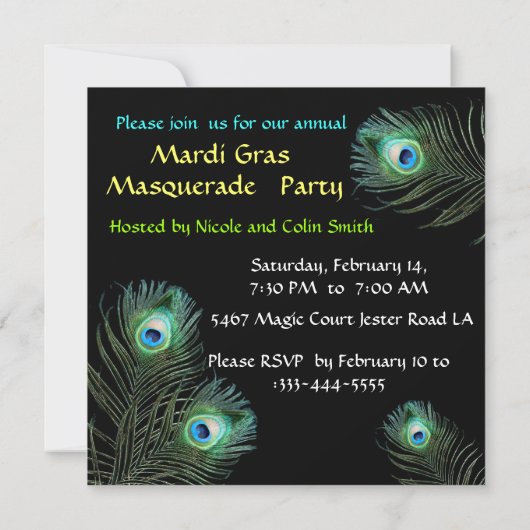 INVITATION MASQUE ROUGE AVEC PEACOCK FEATHERS MASQUERADE PART (Dos)