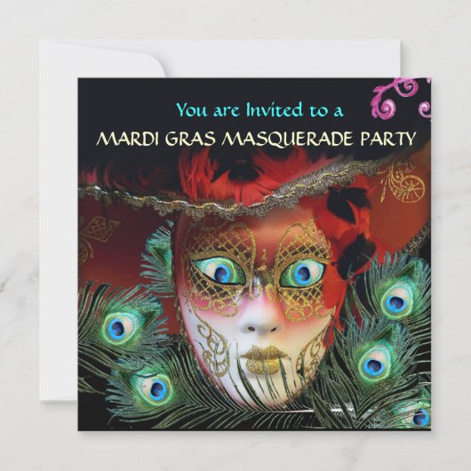 INVITATION MASQUE ROUGE AVEC PEACOCK FEATHERS MASQUERADE PART (Devant)