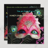 INVITATION MASQUE ROUGE AVEC PEACOCK FEATHERS MASQUERADE PART (Devant / Derrière)