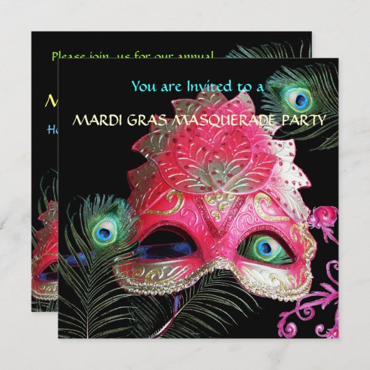 INVITATION MASQUE ROUGE AVEC PEACOCK FEATHERS MASQUERADE PART (Devant / Derrière)