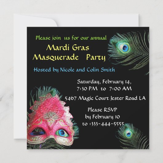 INVITATION MASQUE ROUGE AVEC PEACOCK FEATHERS MASQUERADE PART (Dos)
