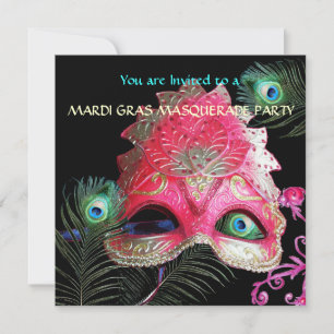 INVITATION MASQUE ROUGE AVEC PEACOCK FEATHERS MASQUERADE PART