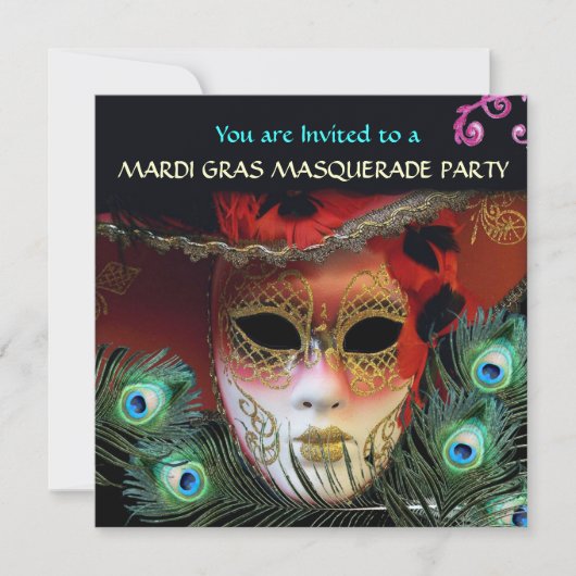 INVITATION MASQUE ROUGE AVEC PEACOCK FEATHERS MASQUERADE PART (Devant)