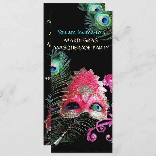 INVITATION MASQUE ROUGE AVEC PEACOCK FEATHERS MASQUERADE PART (Devant / Derrière)